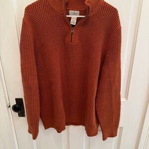 LL Bean 100% Organic Cotton Quarter Zip Sweater Brown Orange Rust Color Large